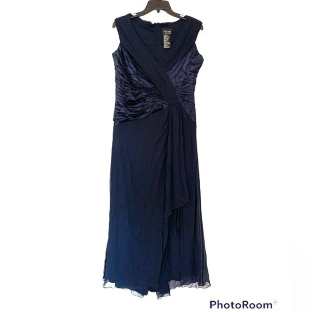 XSCAPE Navy Blue Silk Gown Maxi Dress Satin Chiffon Prom Party Wedding Size M-L